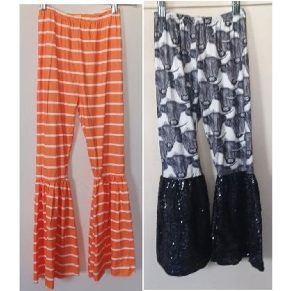 2pc Girl Highland Cow Sequin / Orange Striped Bell Bottom Flare Pant Set 14-16T